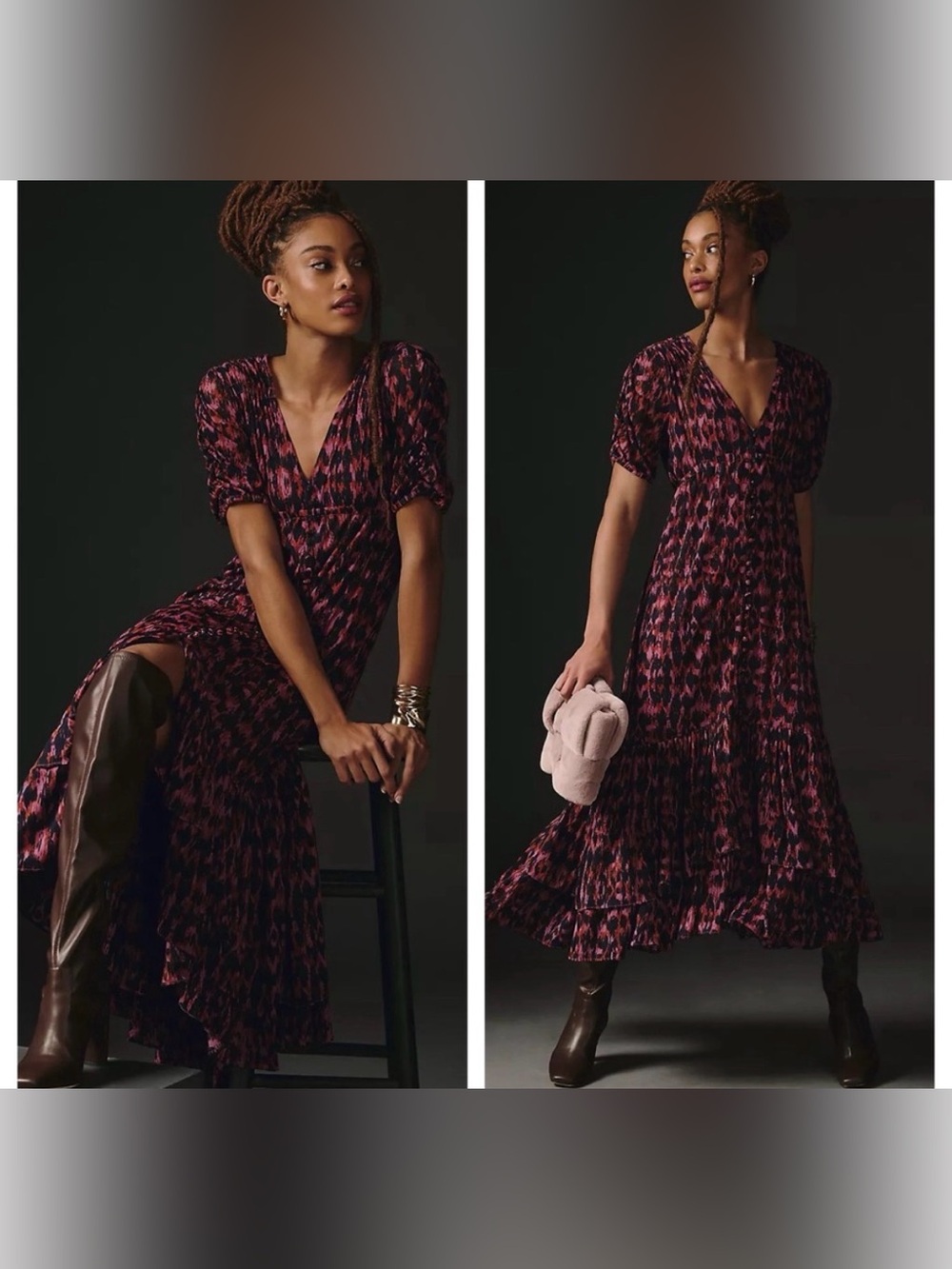 Anthropologie Pink and Black Printed V-Neck Maxi Dress